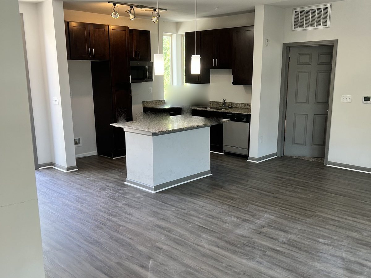 Multifamily kitchen and living area finished in grey wood-look LVP